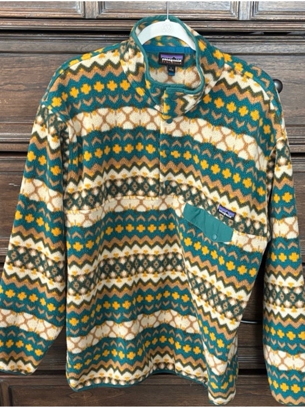 Patagonia Teal, Mustard & Cream Patterned Fleece Pullover
